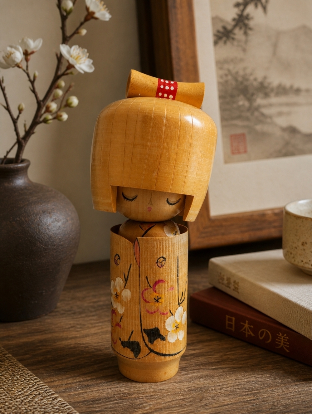 Vintage Japanese Kokeshi Doll 8” Signed Kurosaki Sosaku | Hand Painted Floral